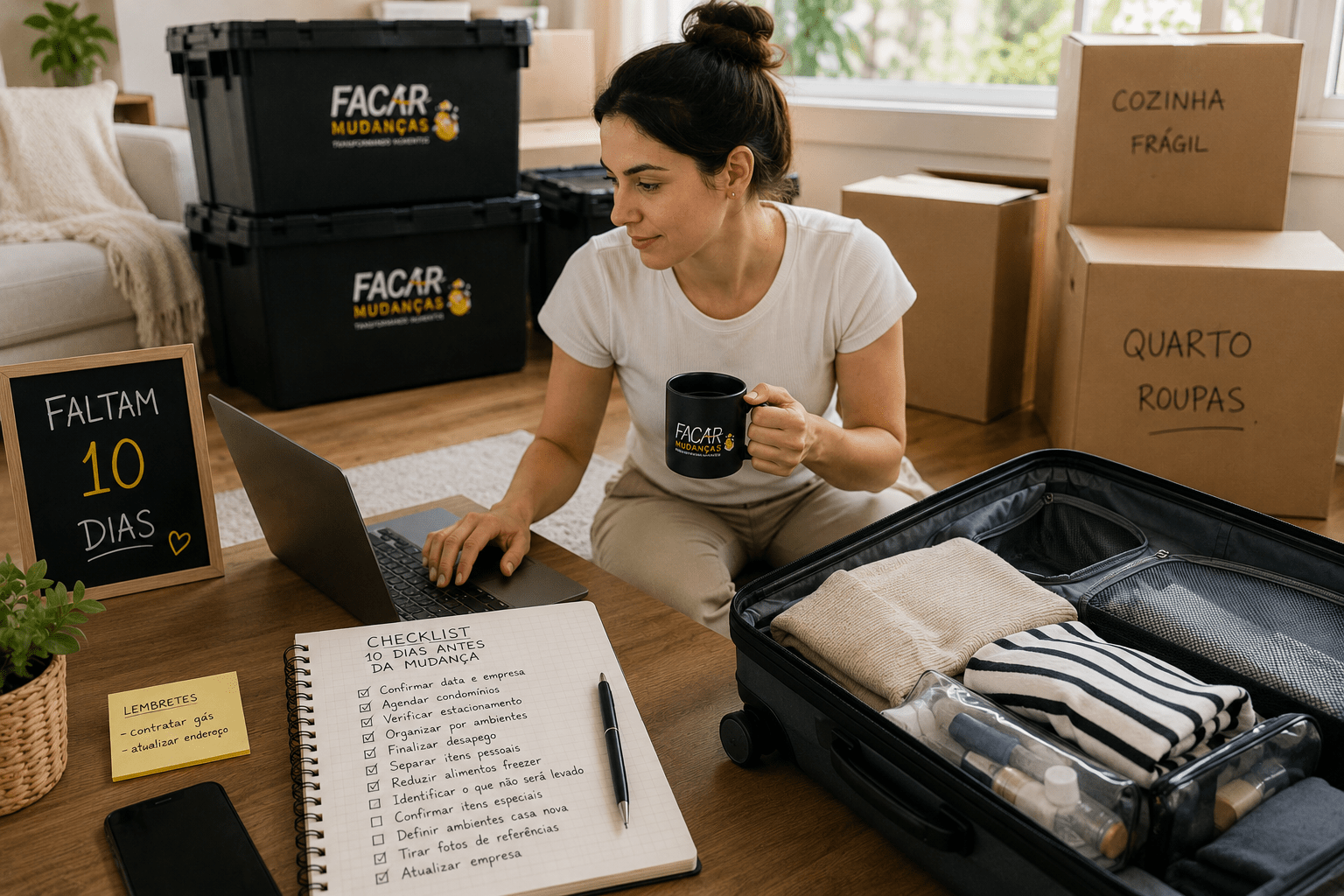 Mulher organizando mala e checklist 10 dias antes da mudança residencial