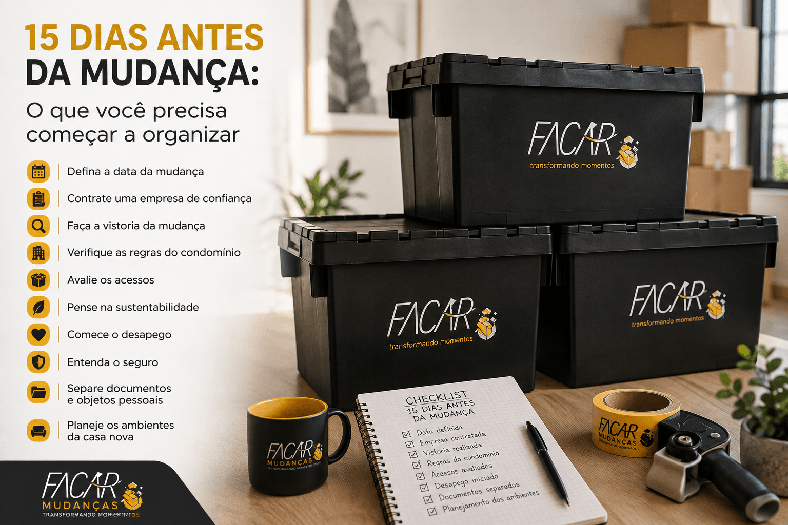 Checklist de 15 dias antes da mudança com caixas retornáveis da FACAR Mudanças