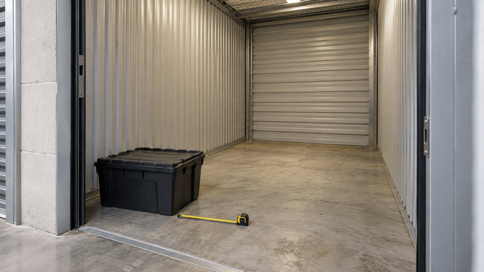 Box de self storage vazio, com uma caixa retornável preta e uma trena estendida no piso.
