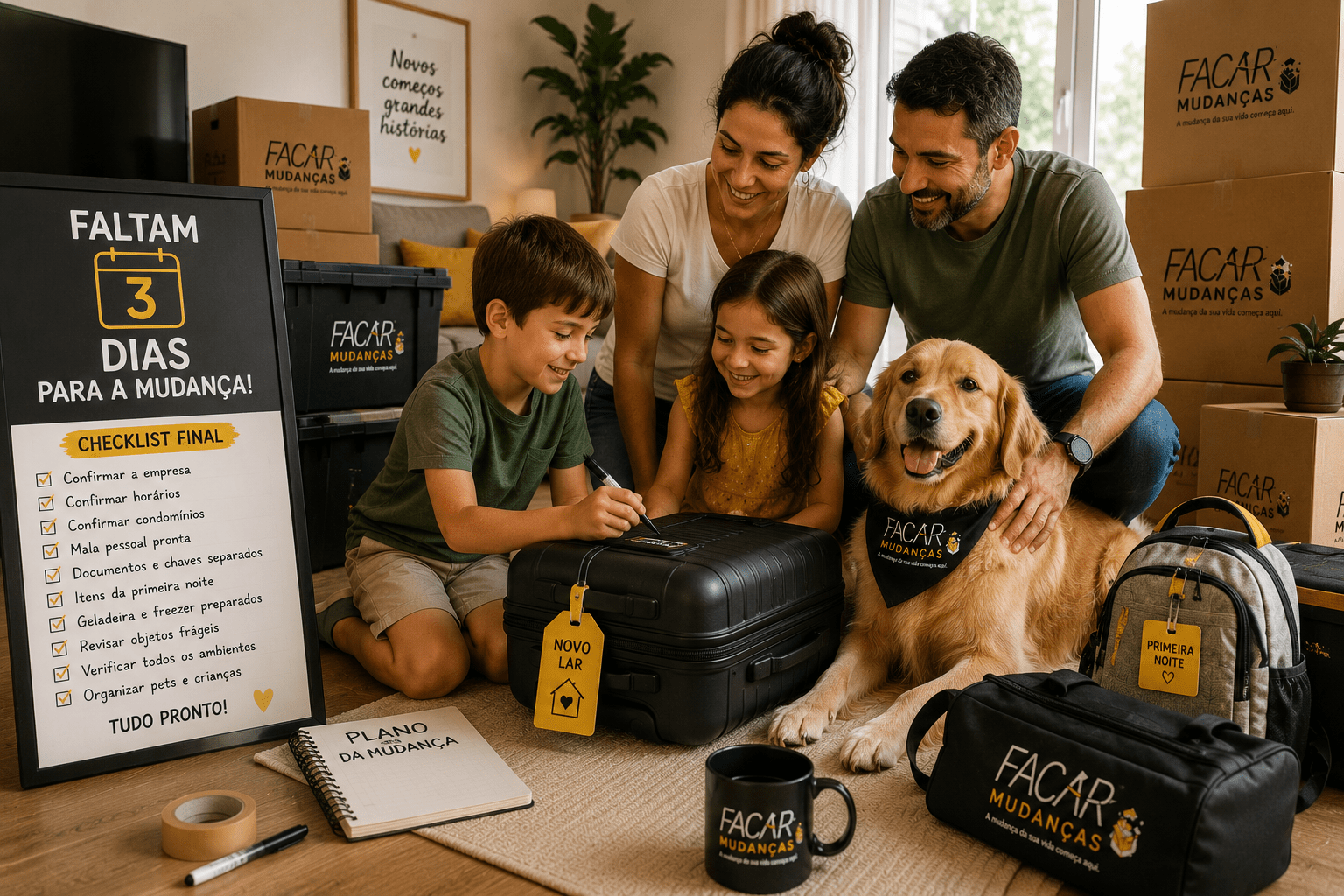 Família com malas e cachorro preparada três dias antes da mudança residencial