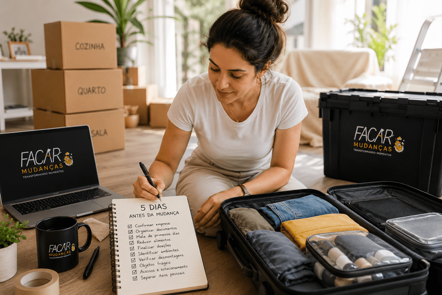Mulher organizando mala e checklist 5 dias antes da mudança residencial