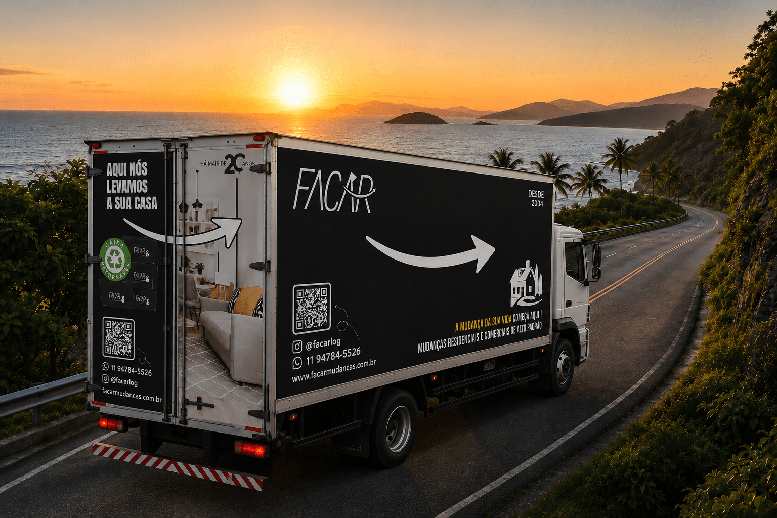 Caminhão da FACAR realizando mudança para o litoral com logística especializada