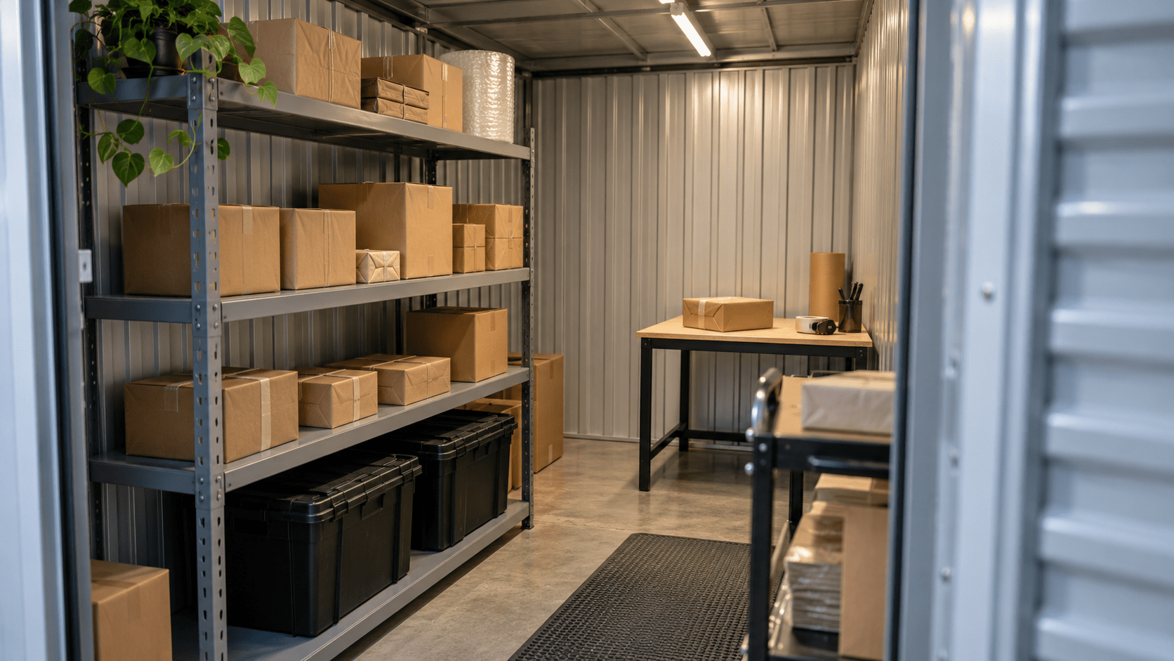 Prateleiras com caixas de produtos, caixas retornáveis e uma bancada em um box de self storage.