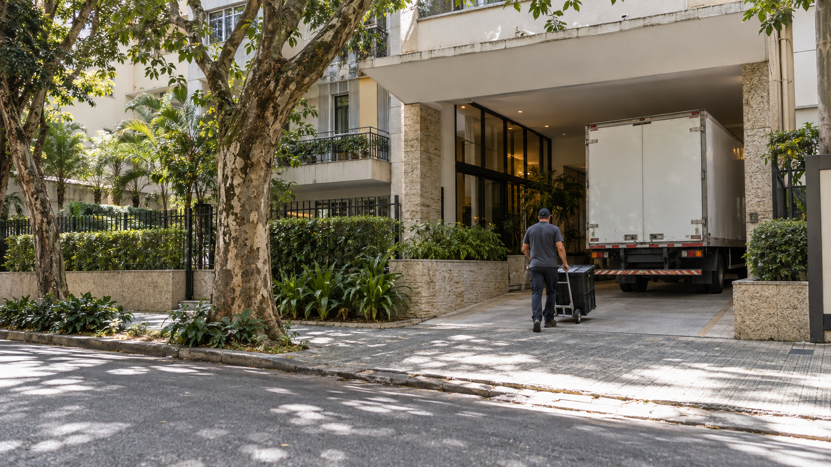 Caminhão de mudança na entrada de um prédio, com profissional conduzindo caixas em um carrinho.