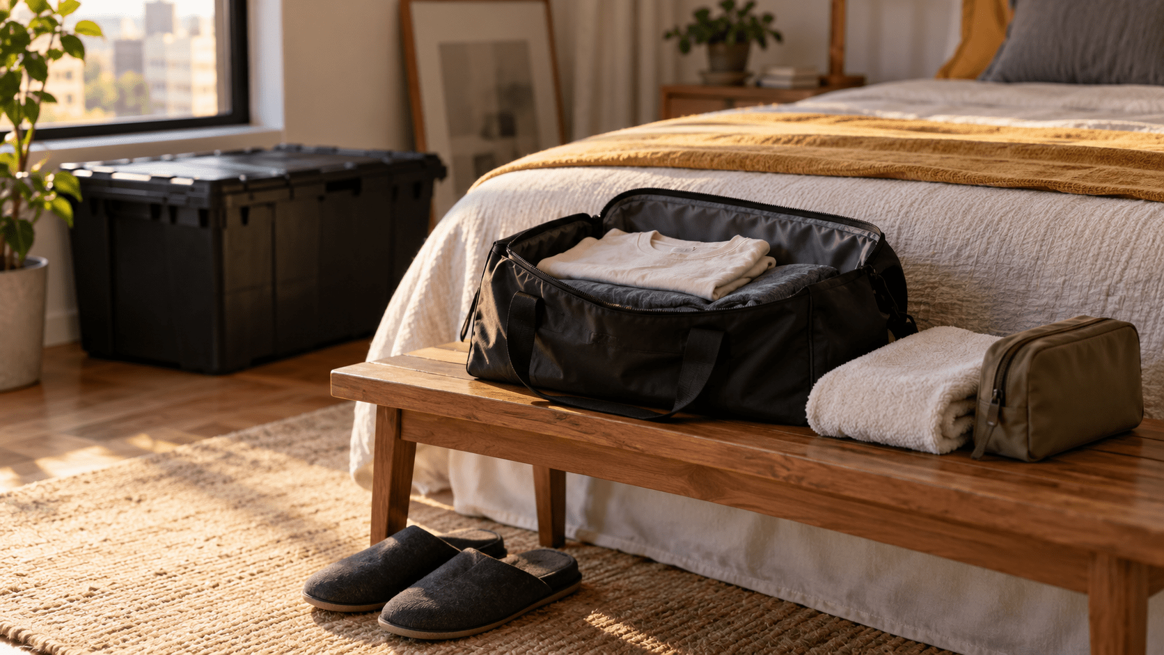 Bolsa aberta com roupas, toalha e nécessaire sobre um banco ao lado da cama.