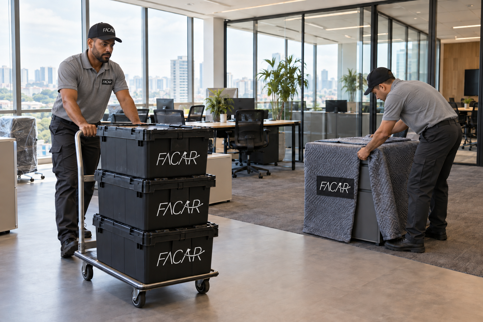 Profissionais com uniforme da FACAR realizando mudança comercial em escritório, com caixas retornáveis pretas e móvel protegido por manta.