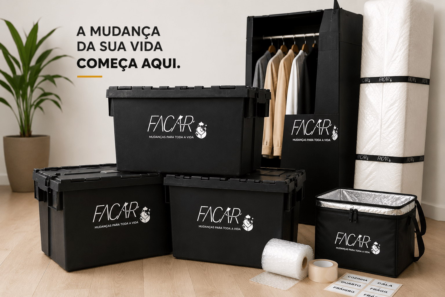Caixas retornáveis para mudança utilizadas pela FACAR Mudanças para transporte seguro e sustentável.