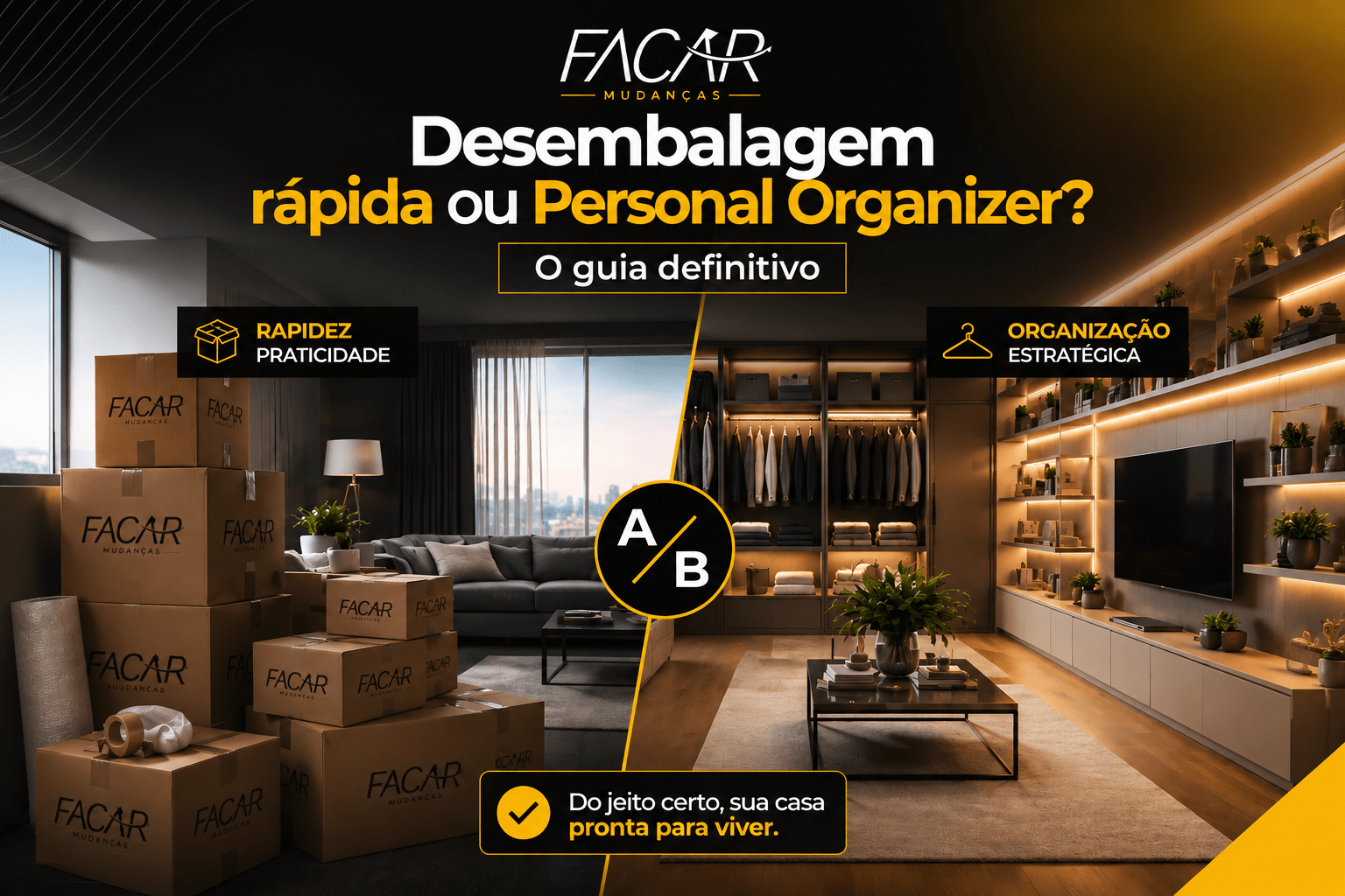 Diferença entre desembalagem comum e personal organizer após mudança residencial realizada pela FACAR Mudanças.