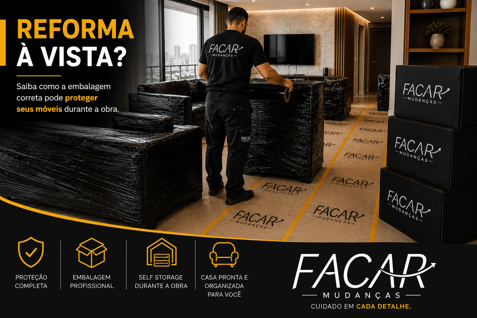 Embalagem para reforma realizada pela FACAR Mudanças com proteção de móveis e pisos.