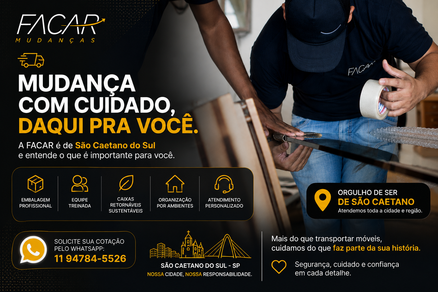 Empresa de mudança em São Caetano do Sul: equipe da FACAR realizando embalagem profissional e transporte seguro de móveis em apartamento residencial.