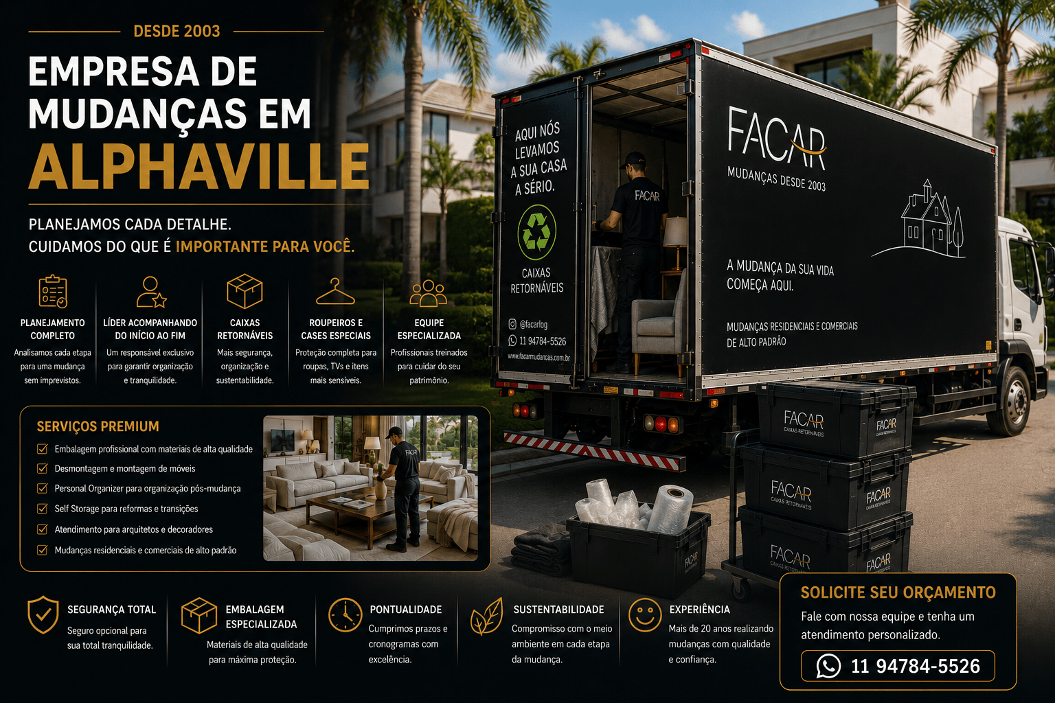 Empresa de mudanças em Alphaville com caixas retornáveis, personal organizer e planejamento completo da mudança pela FACAR.