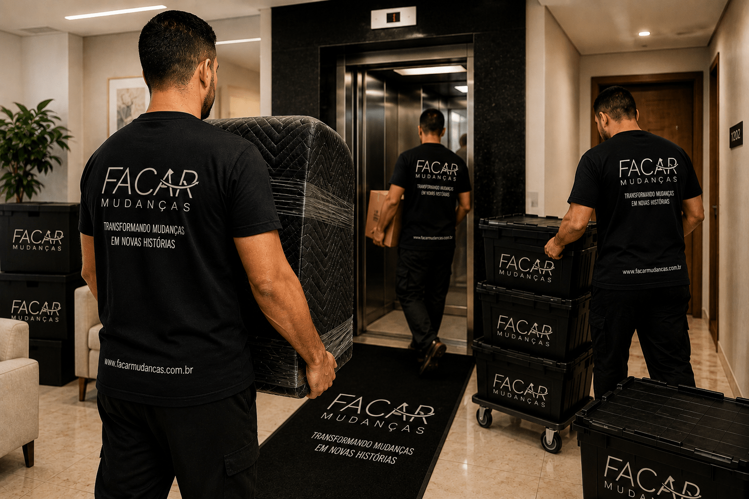 Equipe da FACAR realizando mudança para o mesmo prédio com movimentação interna organizada, caixas retornáveis pretas e transporte de móveis pelo elevador do condomínio.