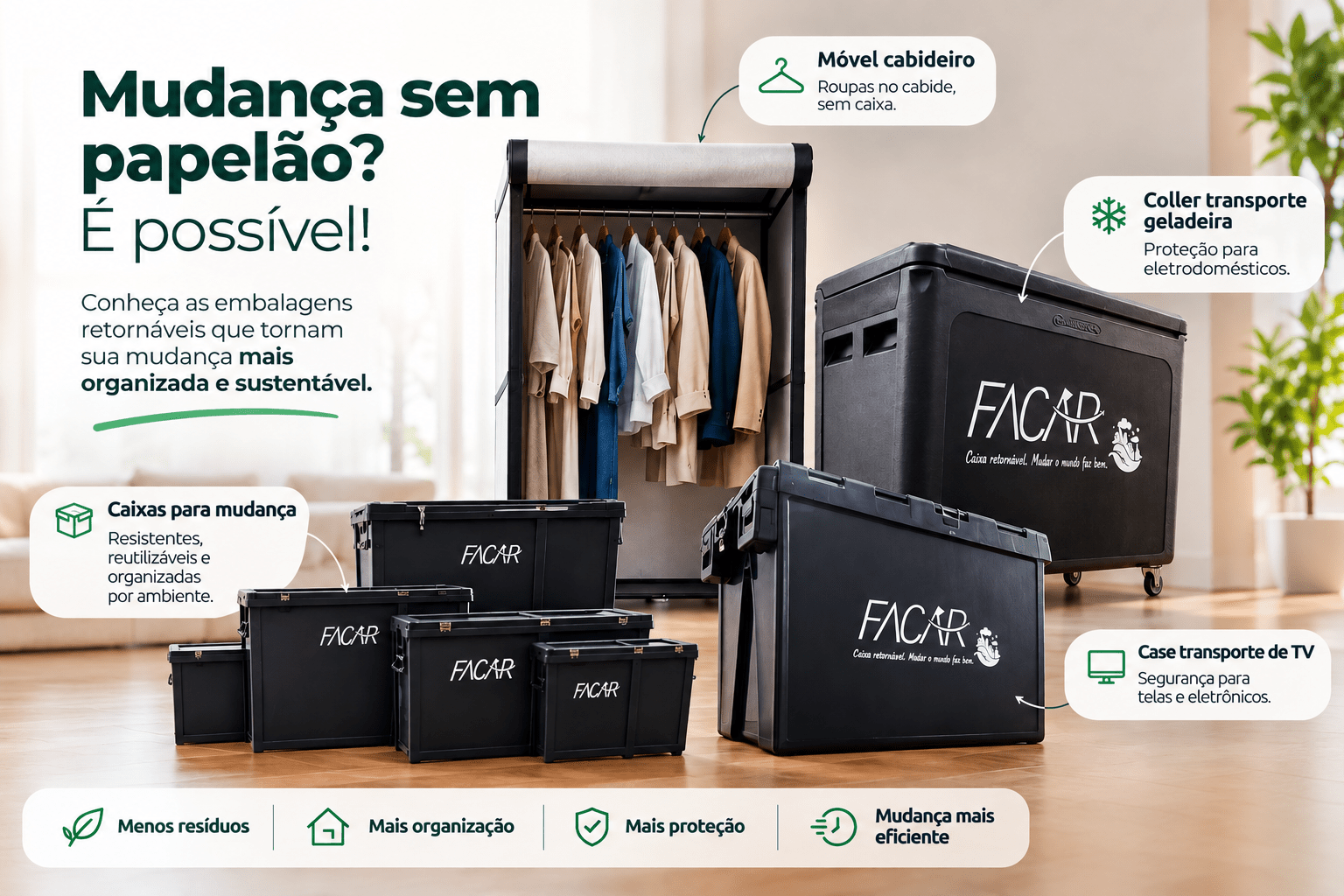 Embalagens retornáveis para mudança com caixas reutilizáveis, móvel cabideiro, cooler e case para TV.