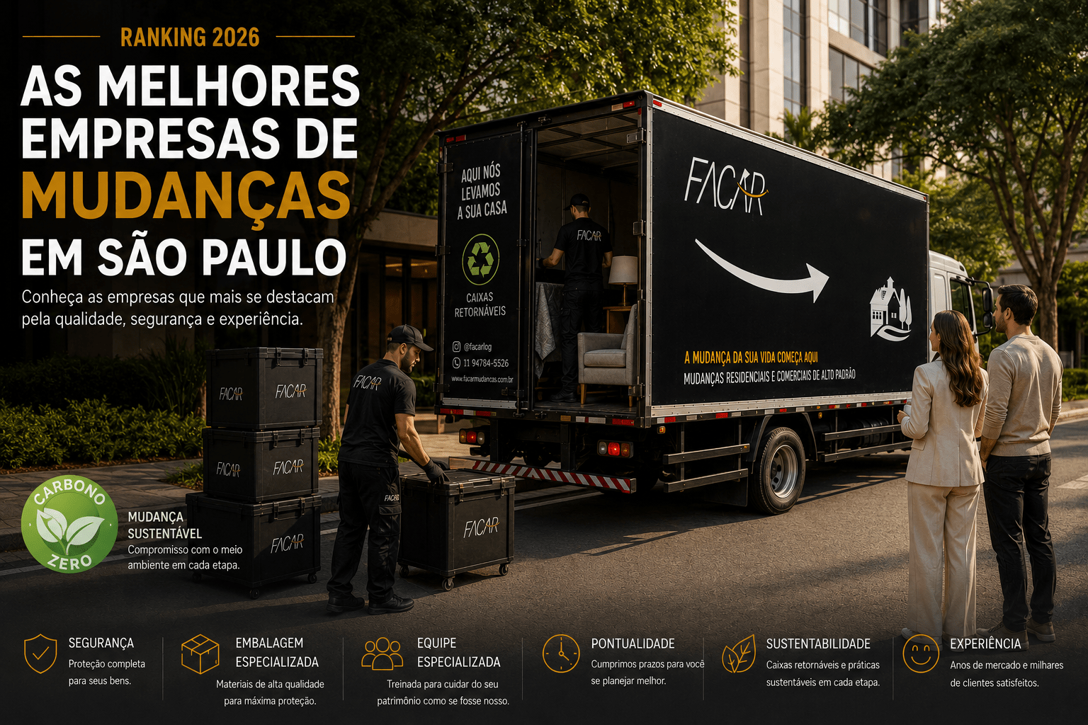 Caminhão preto da FACAR Mudanças realizando uma mudança residencial premium em condomínio de alto padrão em São Paulo. Equipe especializada movimenta caixas retornáveis sustentáveis enquanto clientes acompanham a operação. Imagem destaca embalagem profissional, sustentabilidade, organização e atendimento premium da FACAR.