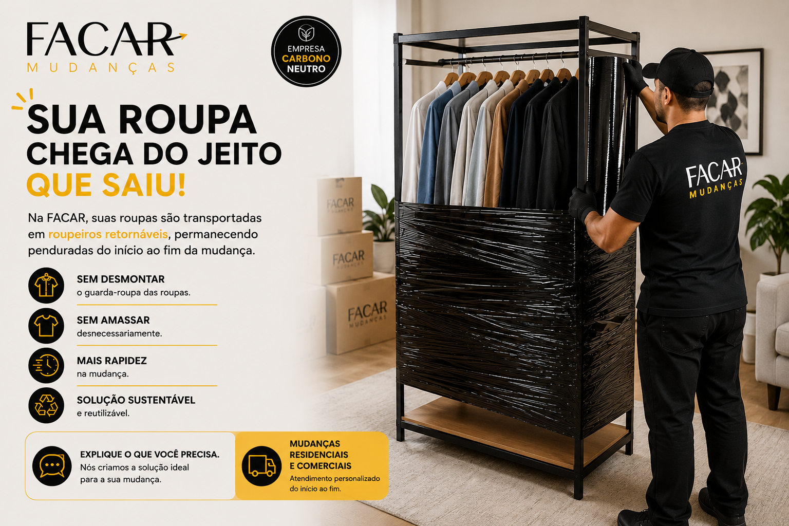 Funcionário da FACAR Mudanças envolve com stretch preto um roupeiro retornável carregado com roupas penduradas em cabides. O sistema protege as peças durante a mudança, evitando amassados, sujeira e danos no transporte.