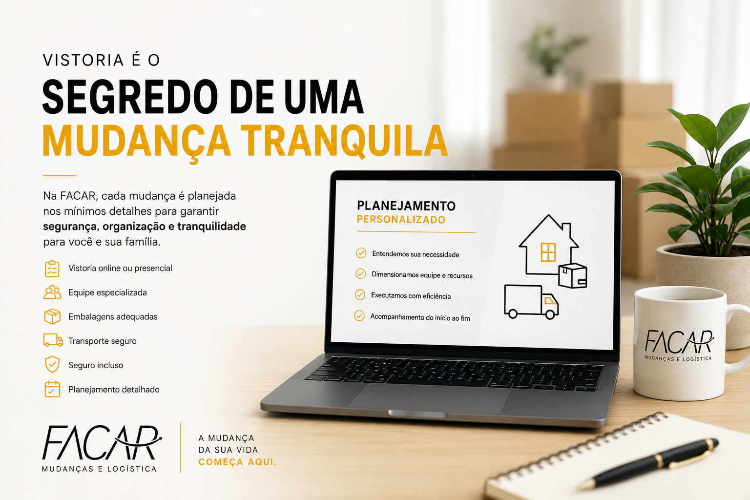 Vistoria online da FACAR para orçamento de mudança residencial com planejamento personalizado, notebook exibindo orçamento e ambiente de escritório moderno.
